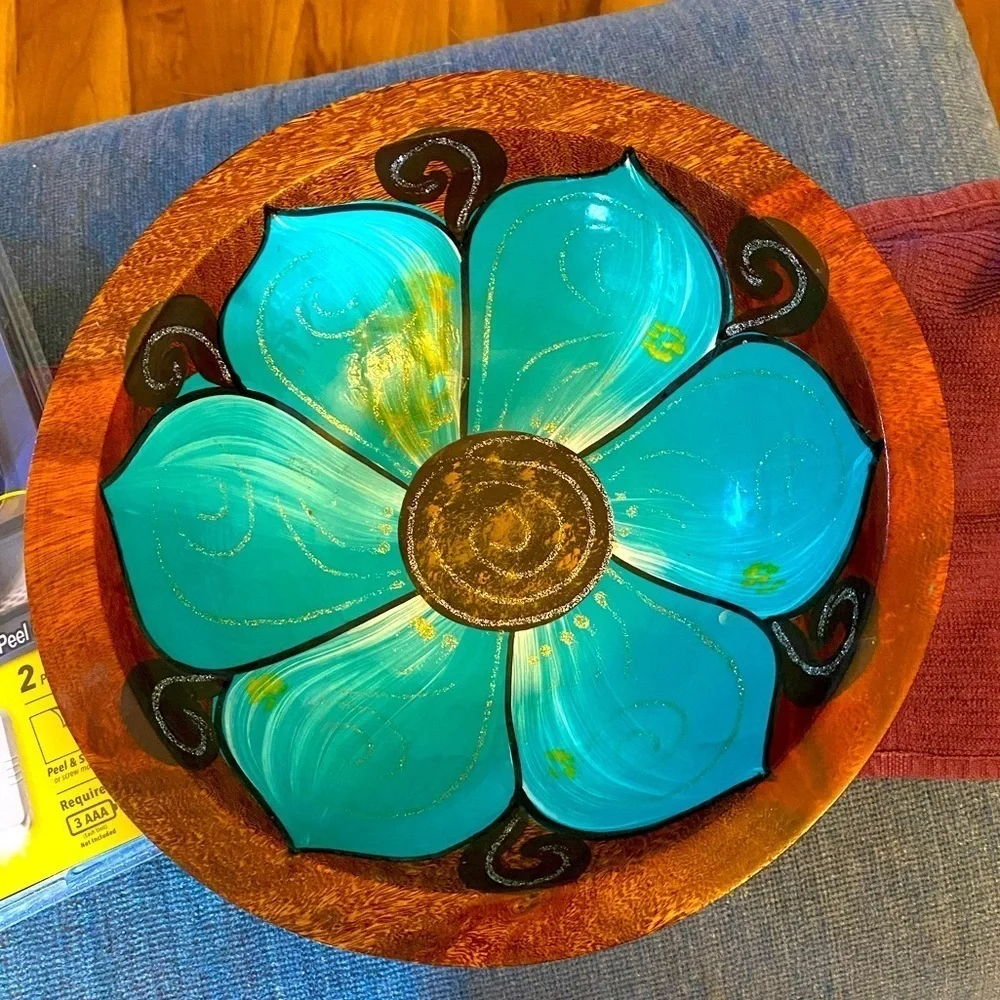 Bowl wooden hand painted clear glaze floral  OSK